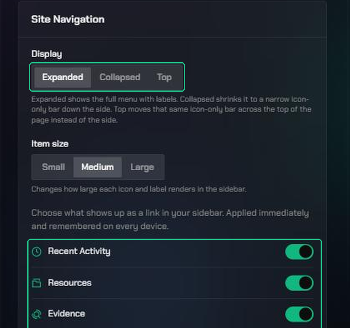 The Site Navigation card on the Preferences page, with the Display options (Expanded, Collapsed, Top) and the sidebar visibility switches highlighted.