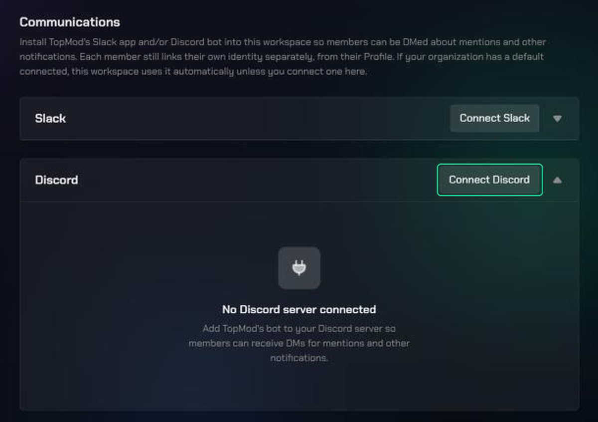 The Discord card expanded on the Communications page, showing "No Discord server connected", with the Connect Discord button highlighted.