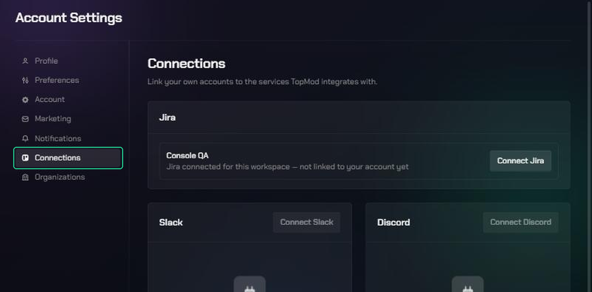 Account Settings with Connections highlighted in the menu, showing the Jira, Slack and Discord cards.