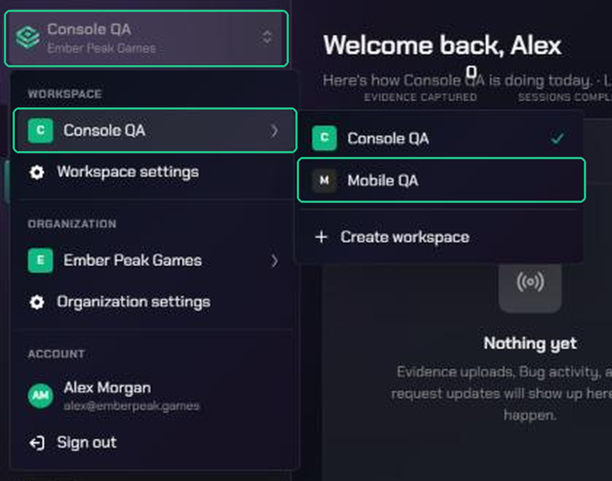 The workspace switcher open, with the Console QA row highlighted and its flyout listing Console QA (ticked), Mobile QA and Create workspace.