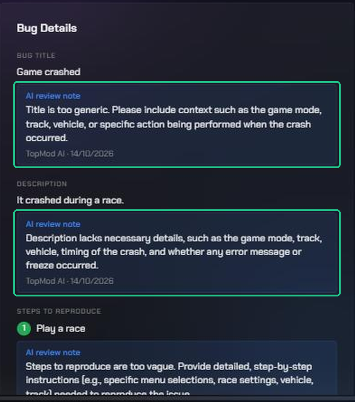 AI review notes under the bug's title and description, asking for the game mode, track, vehicle and timing of the crash.