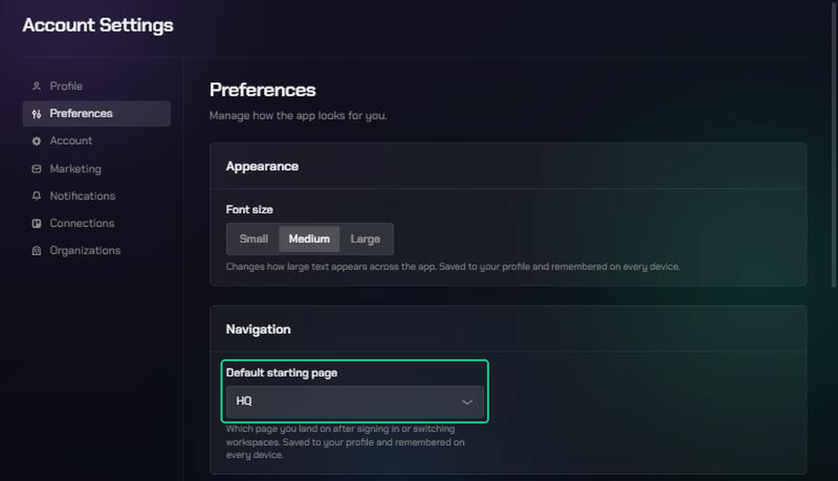 The Preferences page, with the Default starting page menu highlighted under Navigation