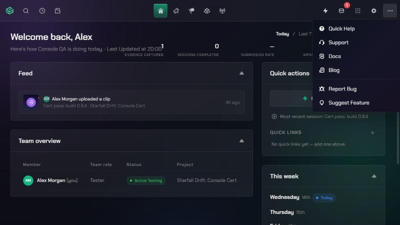 The TopMod home page with the More menu open, listing Quick Help, Support, Docs, Blog, Report Bug and Suggest Feature