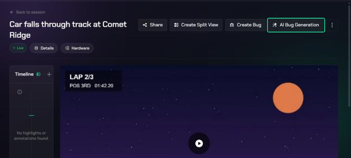 The clip page header, with the AI Bug Generation button highlighted next to Create Bug.