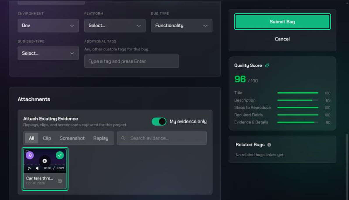 Further down the Submit Bug form: the clip ticked under Attach Existing Evidence and the Submit Bug button, both highlighted.