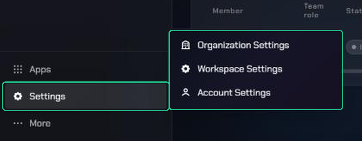 The Settings menu open from the bottom of the sidebar, showing Organization Settings, Workspace Settings and Account Settings.