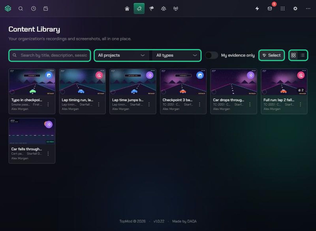 The Content Library in Grid view