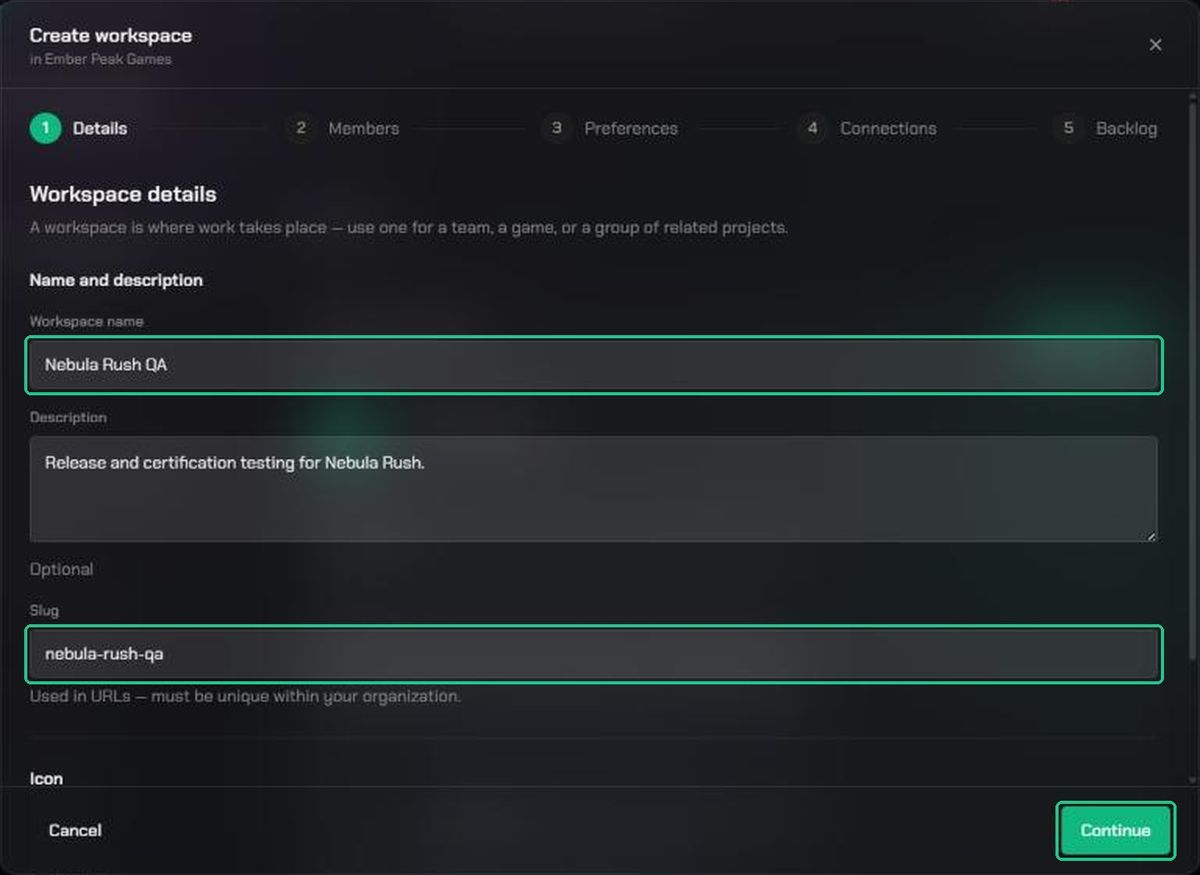 The Details step with Nebula Rush QA as the workspace name, its description and slug filled in, and Continue highlighted.