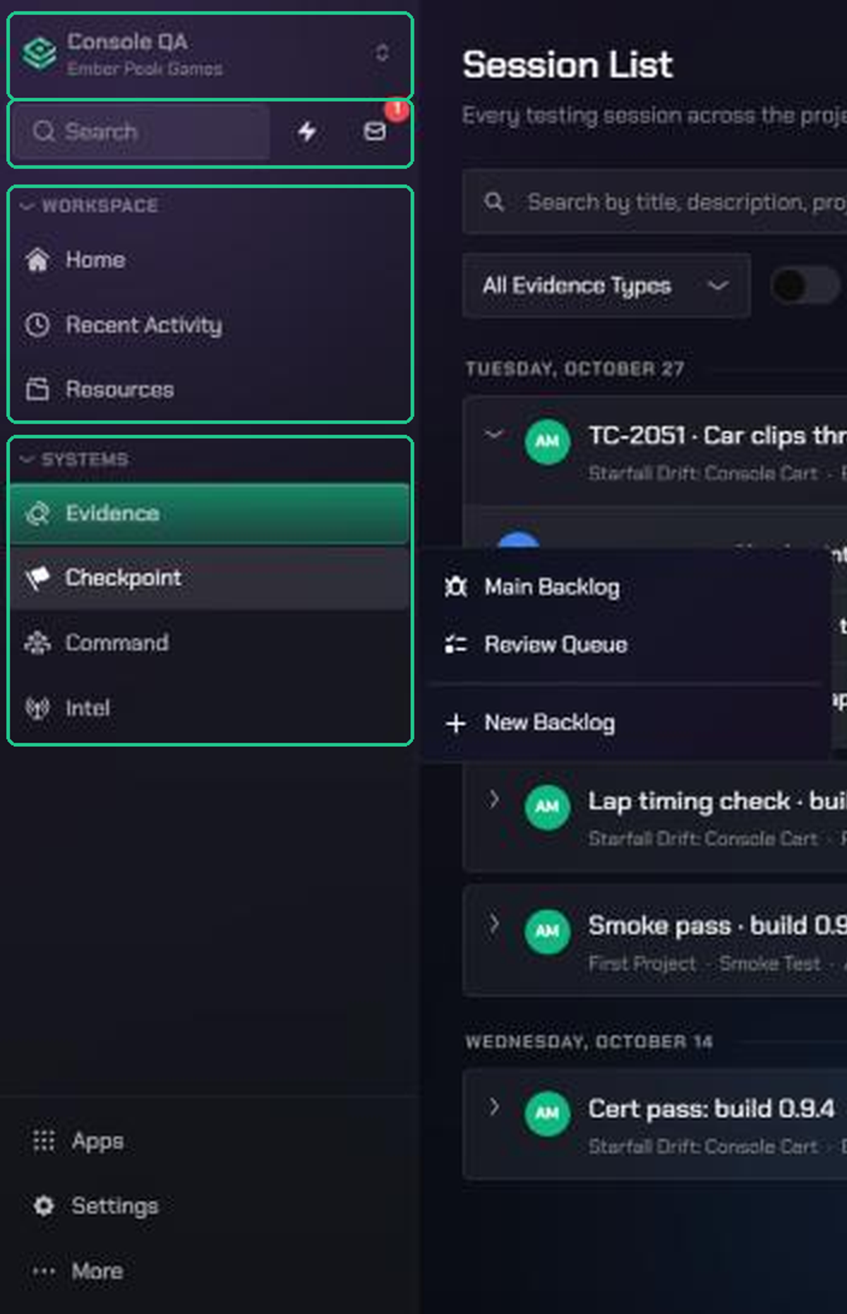 The expanded sidebar with the workspace switcher, the Search row, the Workspace section and the Systems section highlighted. The Checkpoint menu is open, showing Main Backlog, Review Queue and New Backlog.