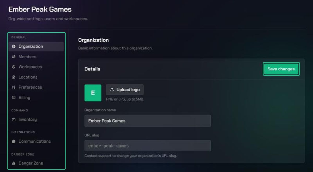 The Organization page of Organization Settings for Ember Peak Games, with the settings menu and Save changes button highlighted