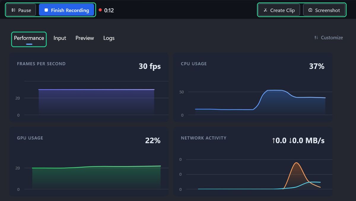 The recording screen with Pause, Finish Recording, Create Clip and Screenshot highlighted, and live charts on the Performance tab.
