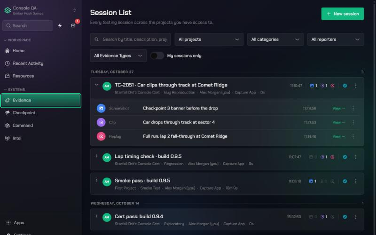 The Session List in Console QA, with Evidence highlighted in the sidebar. One session is expanded to show its screenshot, clip and replay.