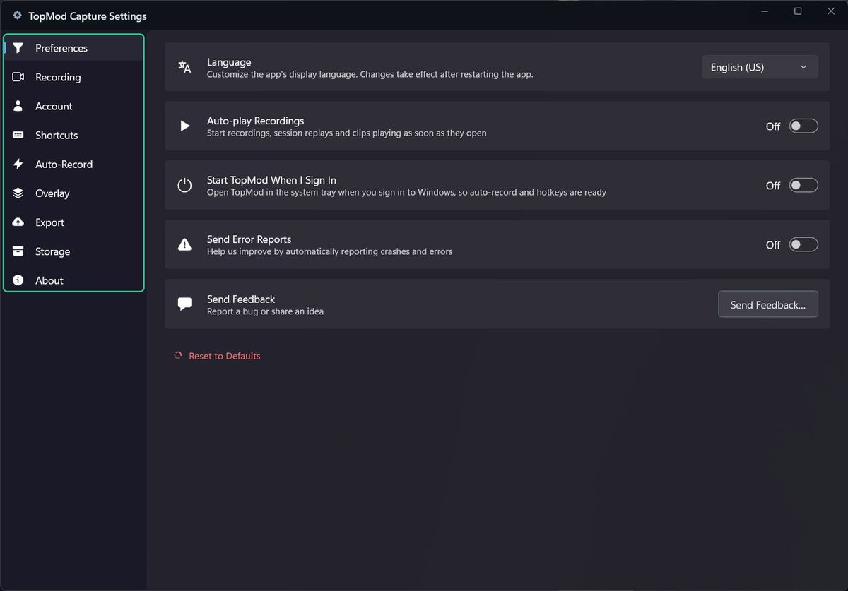 The Settings window on Preferences, with the page list highlighted on the left.