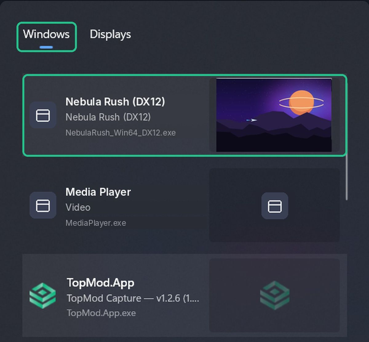The target menu open on the Windows tab, with the Nebula Rush game window highlighted.