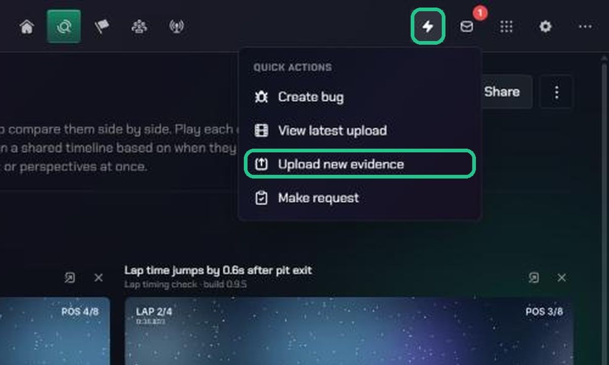 The Quick Actions menu with Upload new evidence