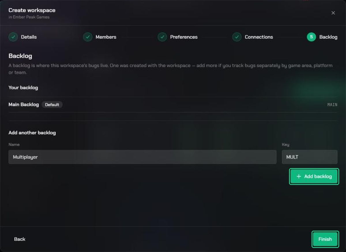 The Backlog step showing Main Backlog as the default, a new Multiplayer backlog with the key MULT, and Add backlog and Finish highlighted.