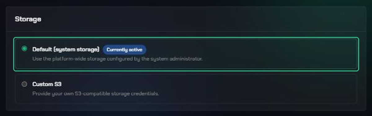 The Storage card with Default (system storage) highlighted and marked Currently active, and Custom S3 below it.