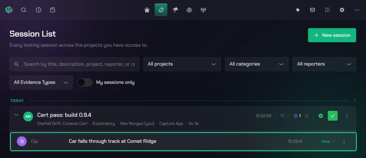 The Session List with a session expanded and its clip, Car falls through track at Comet Ridge, highlighted.