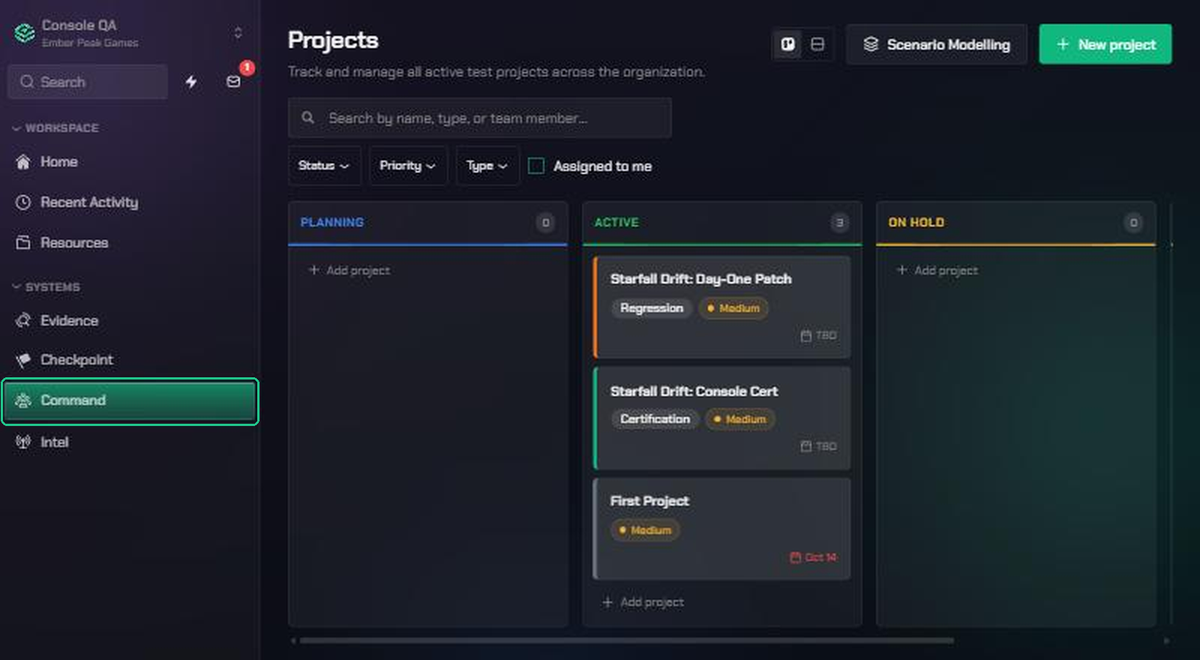 The Projects board in Console QA, with Command highlighted in the sidebar. Three active projects sit in the Active column, between Planning and On Hold.