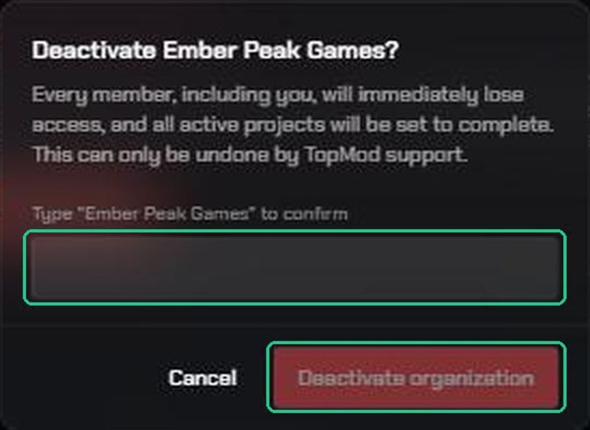 The Deactivate Ember Peak Games? confirmation window, with the box for typing the organization's name and the greyed-out Deactivate organization button highlighted.