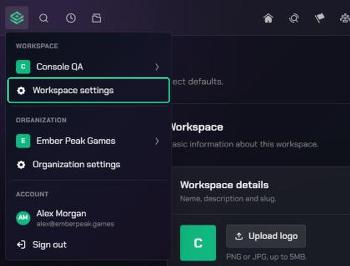 The workspace and account menu open from the TopMod logo, with Workspace settings highlighted under Console QA.