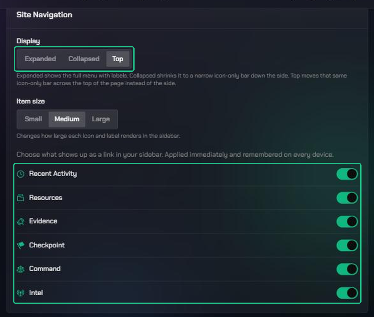 The Site Navigation section of Preferences, with the Display options and the list of navigation links you can switch on or off highlighted