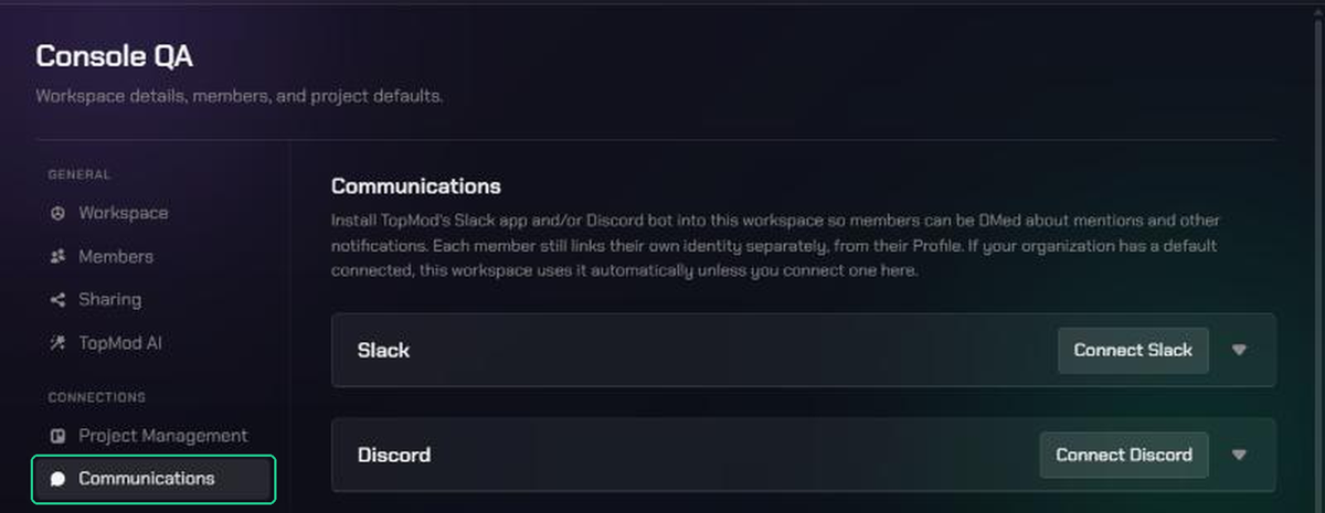 Workspace Settings with Communications highlighted under Connections in the settings menu, and the Slack and Discord cards on the Communications page.