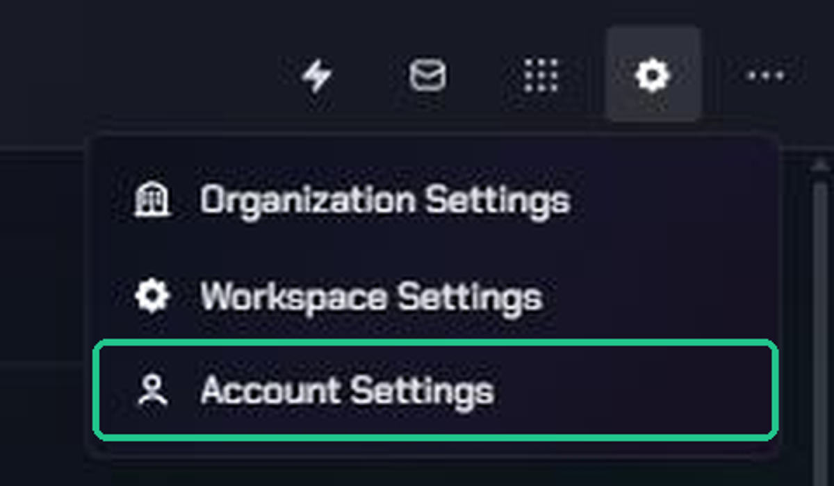 The Settings menu open from the gear icon, listing Organization Settings, Workspace Settings and Account Settings, with Account Settings highlighted.