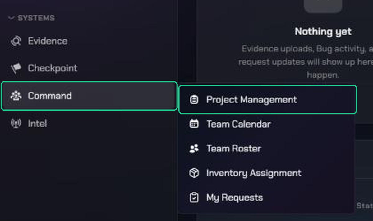 The Command menu open from the sidebar, listing Project Management, Team Calendar, Team Roster, Inventory Assignment and My Requests, with Project Management highlighted.
