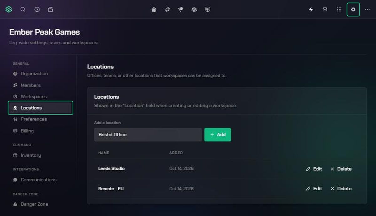Organization Settings with the Settings gear icon and Locations in the menu highlighted.