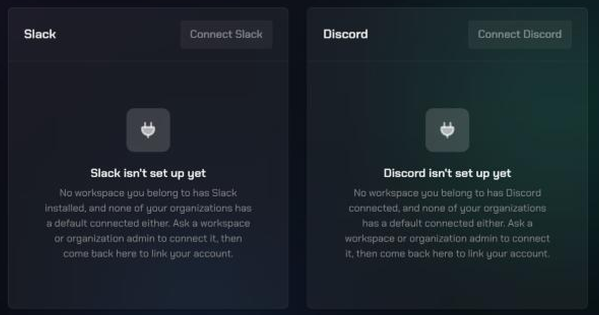 The Slack and Discord cards on the Account Settings Connections page, each saying it isn't set up yet, with greyed-out Connect buttons.