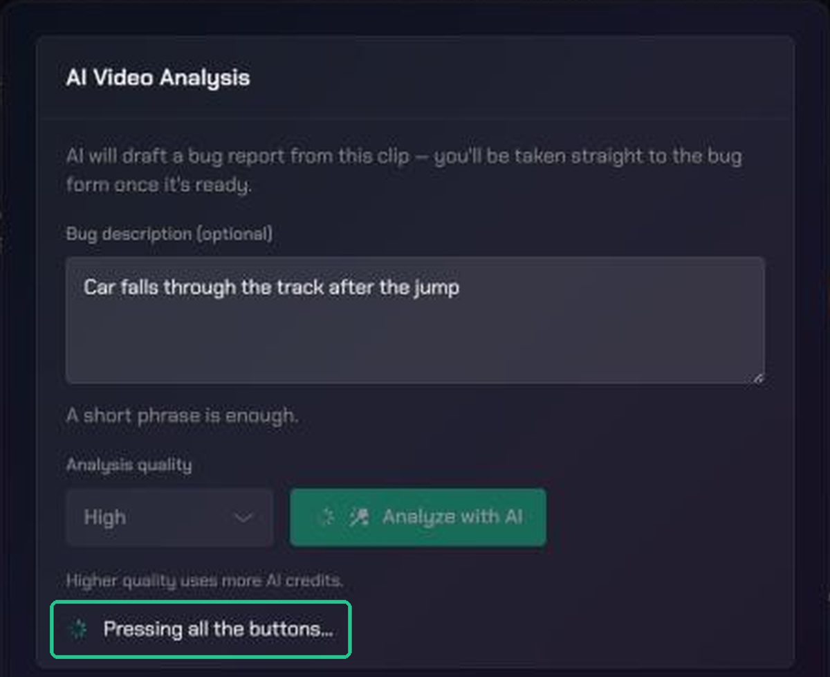The AI Video Analysis window while the analysis runs, with a rotating status line reading Pressing all the buttons highlighted.