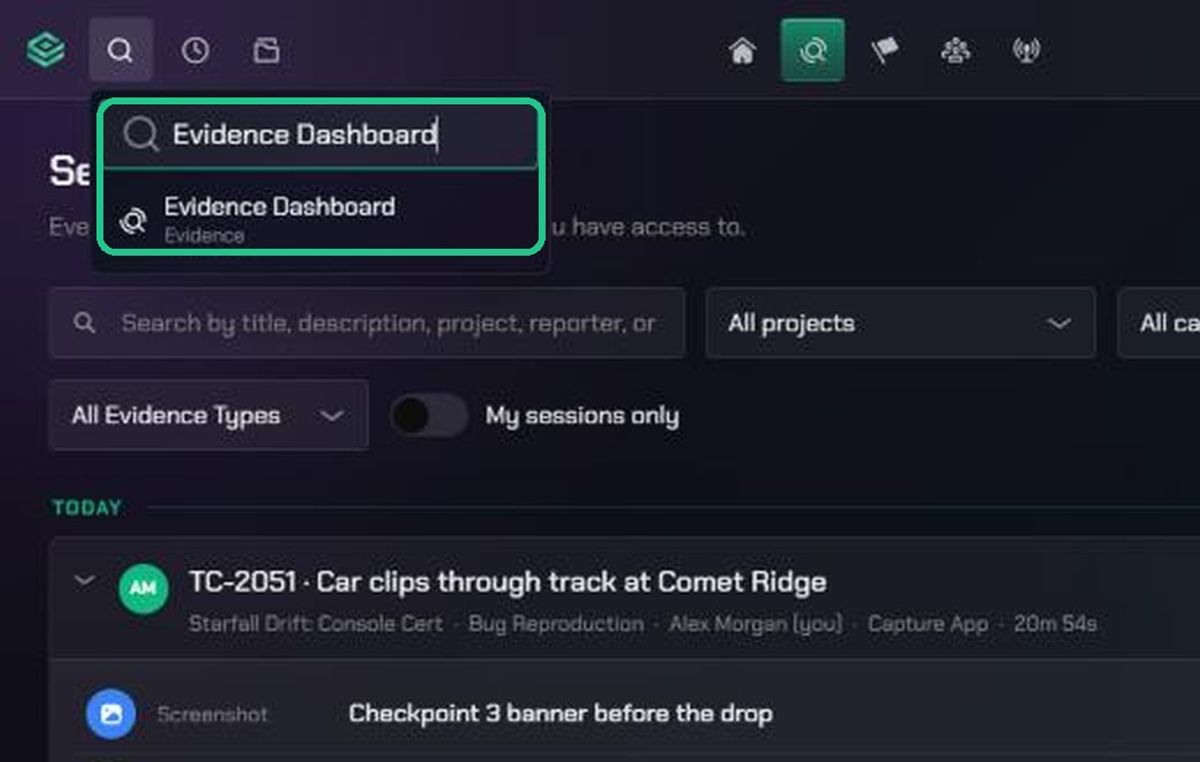 Search in the top bar showing Evidence Dashboard