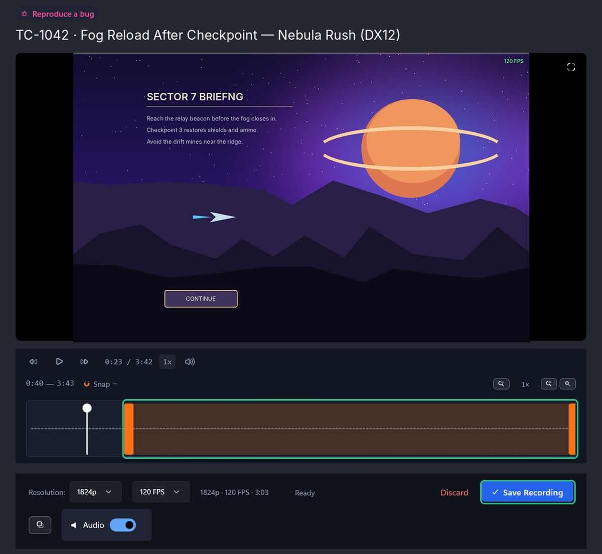 Review in trim mode, with the orange trim handles and Save Recording highlighted.