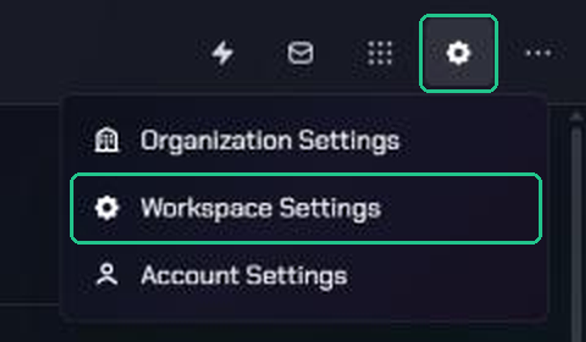 The Settings menu open from the gear icon, listing Organization Settings, Workspace Settings and Account Settings, with Workspace Settings highlighted.