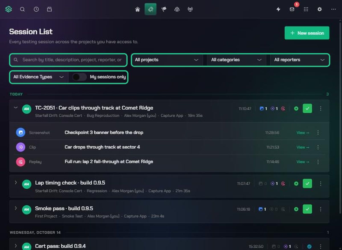 The Session List with search, filters and My sessions only