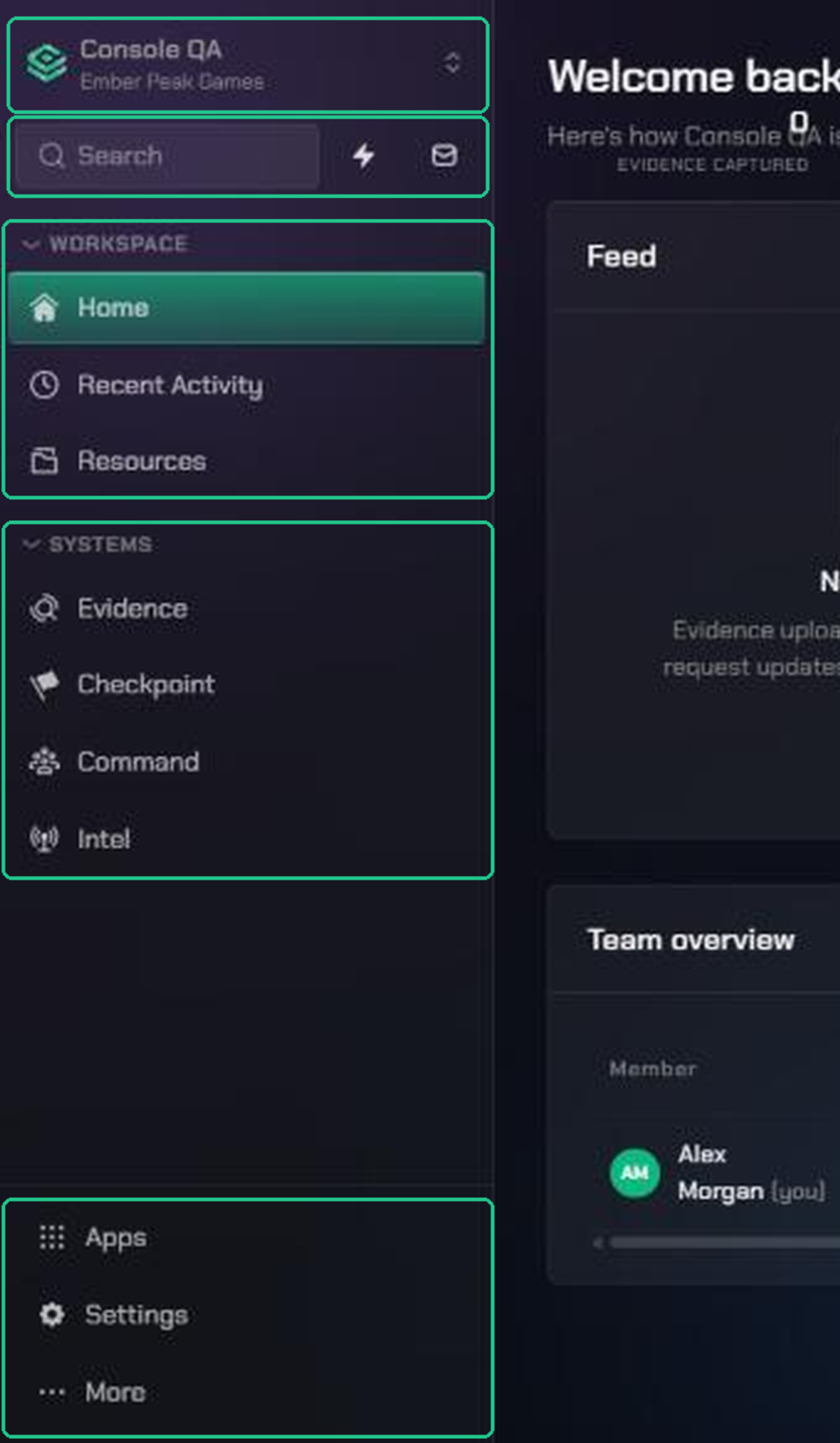The expanded sidebar with five areas highlighted: the workspace switcher, the Search row, the Workspace section, the Systems section and the Apps, Settings and More menus at the bottom.