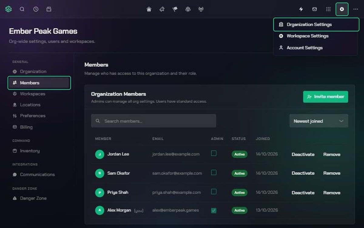 The Settings menu opened from the gear icon, with Organization Settings highlighted, and Members highlighted in the Organization Settings menu.