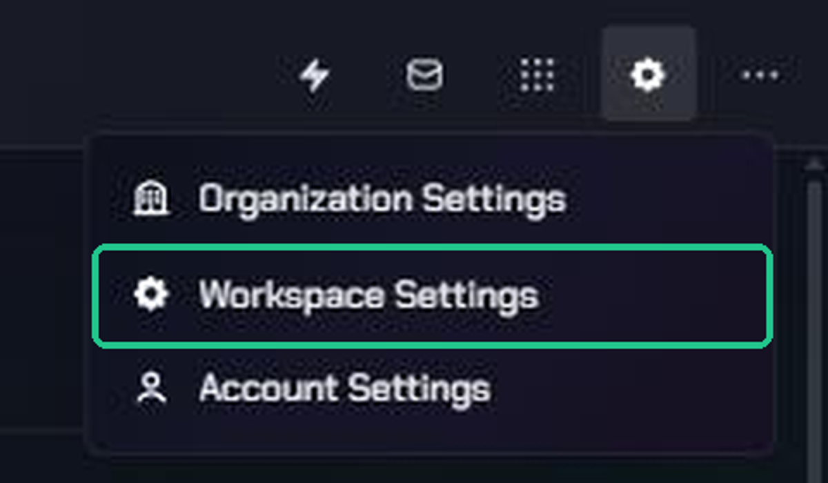The Settings menu open from the gear icon, listing Organization Settings, Workspace Settings and Account Settings, with Workspace Settings highlighted.