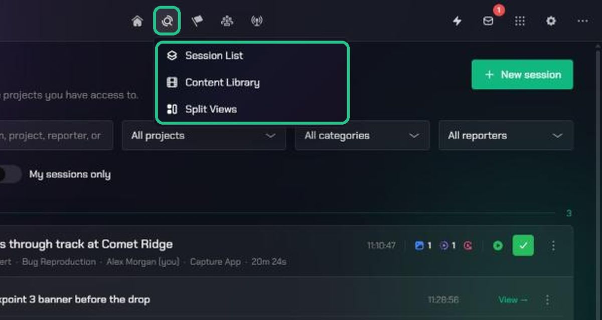 The Evidence menu with Session List, Content Library and Split Views