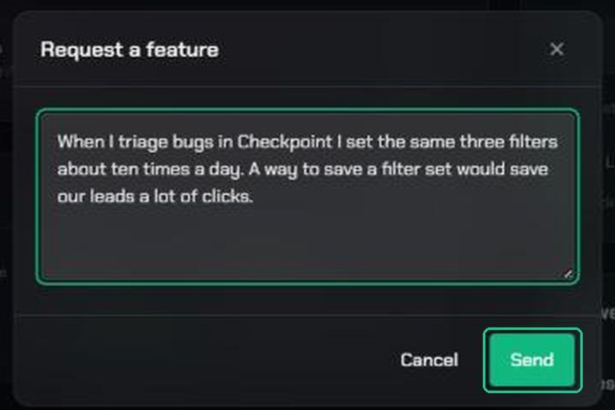 The Request a feature window with an example request about saving filters, and the Send button highlighted