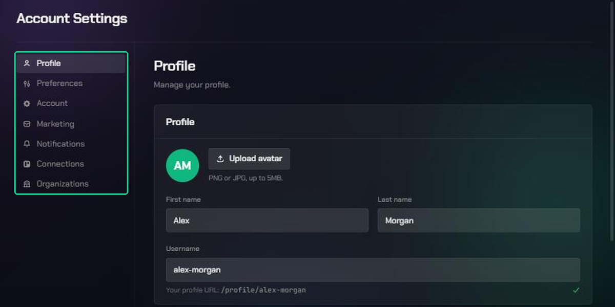 The Account Settings page, with the list of pages on the left: Profile, Preferences, Account, Marketing, Notifications, Connections and Organizations