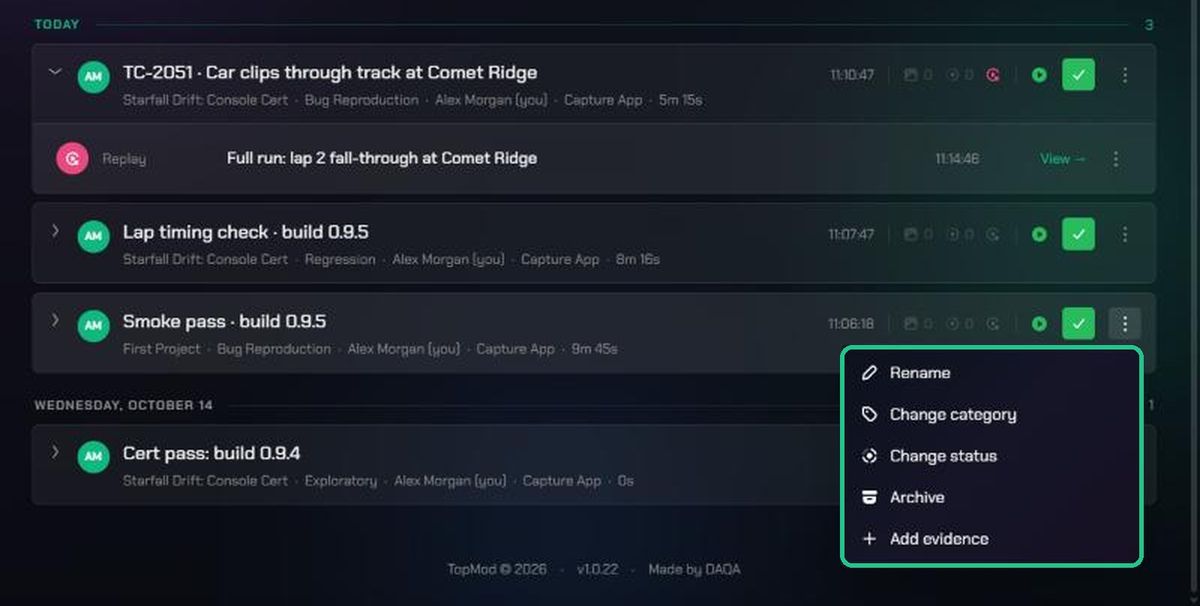 The session actions menu