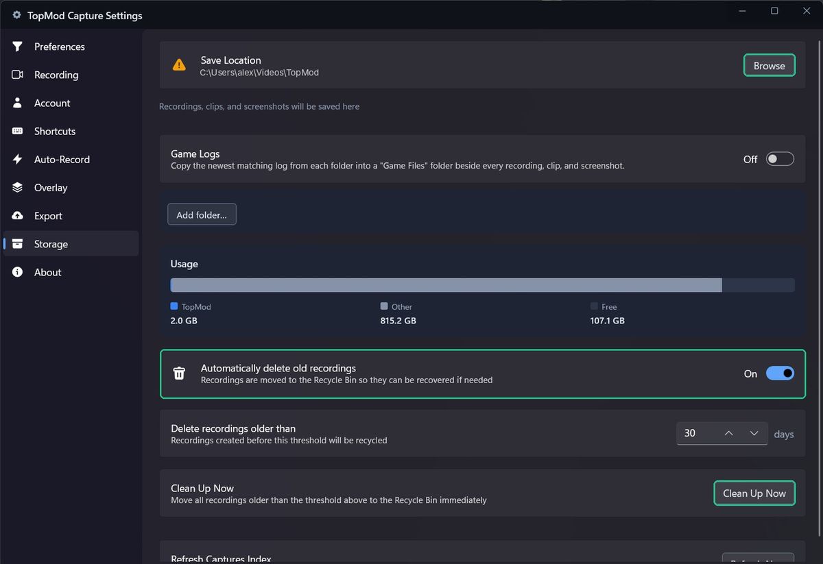Settings > Storage with Browse, Automatically delete old recordings and Clean Up Now highlighted.