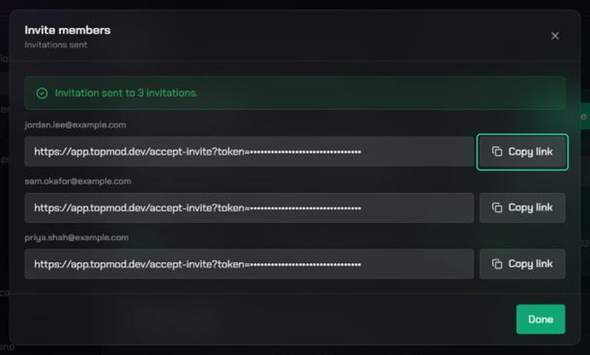 The success screen, with a Copy link button for each invitation