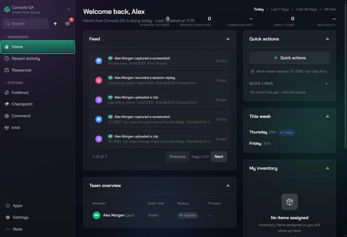 The Home page in Console QA, with Home highlighted in the sidebar. The Feed lists recent screenshots, clips and replays, and Team overview lists the workspace's members.