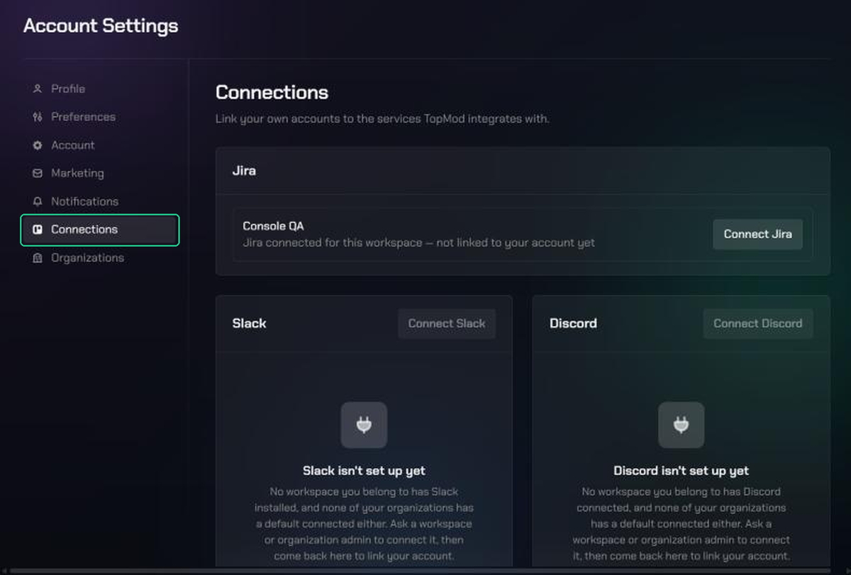 Account Settings with Connections highlighted in the menu, showing the Jira, Slack and Discord cards.