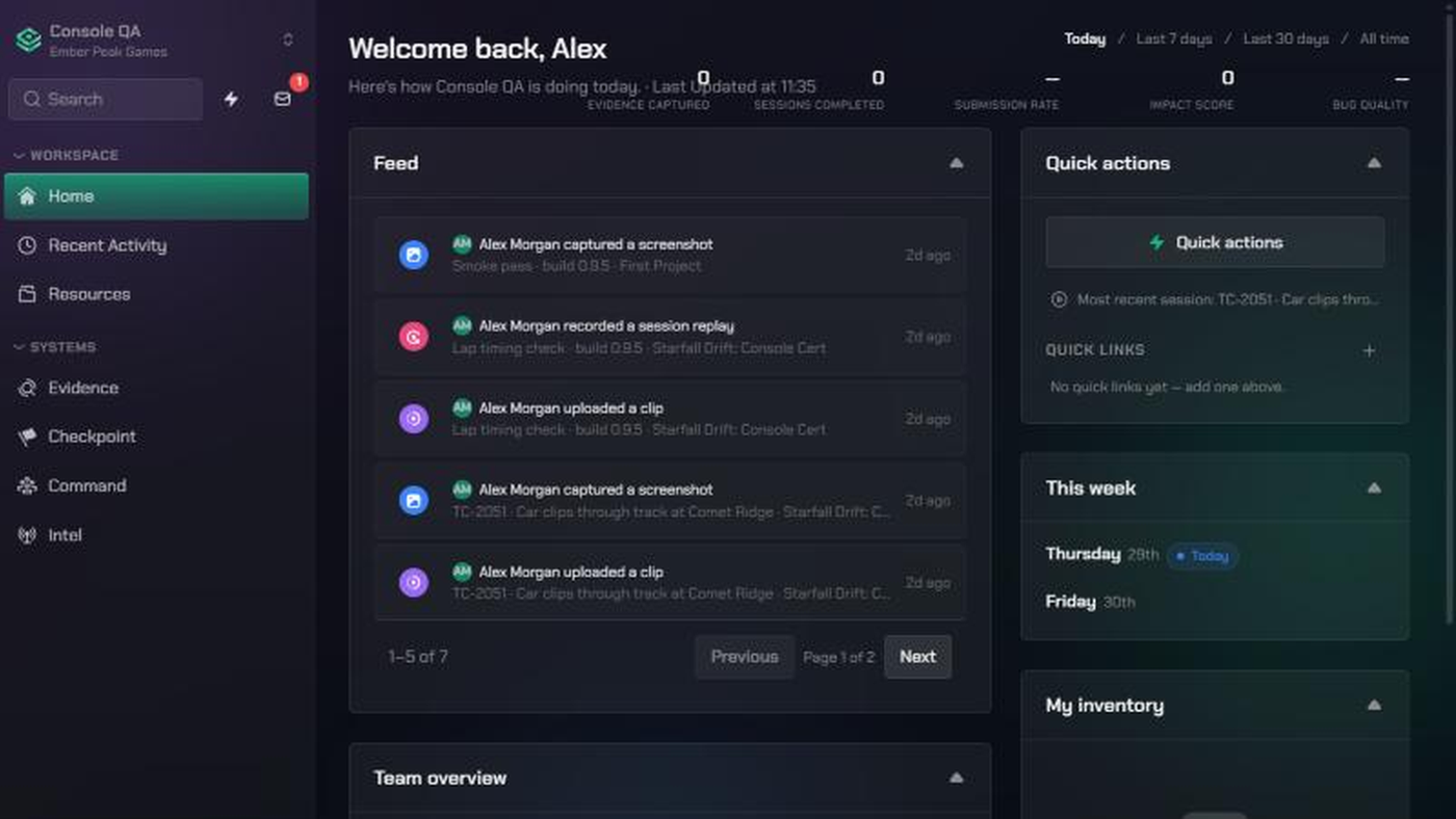 The Home page of the Console QA workspace in Ember Peak Games, with the expanded sidebar on the left.