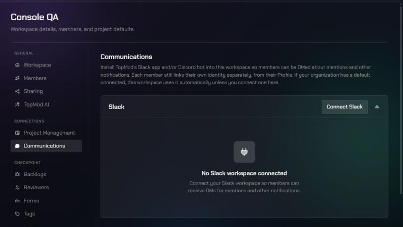 The Communications page in Workspace Settings, showing the Slack card with a Connect Slack button and "No Slack workspace connected".