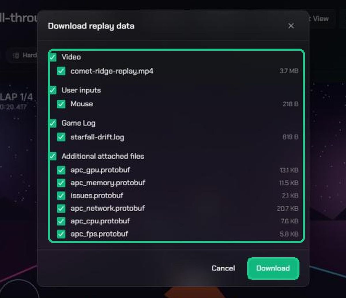 The Download replay data window